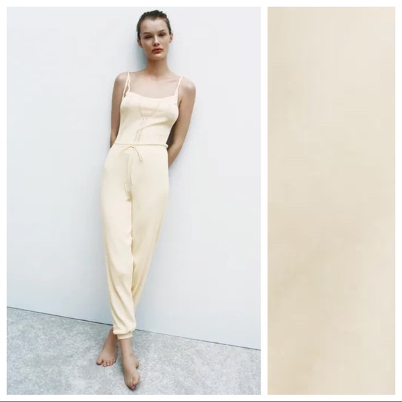 Zara Pants - NWT. Zara Light Yellow Knit Long Pointelle Jumpsuit. Size L.